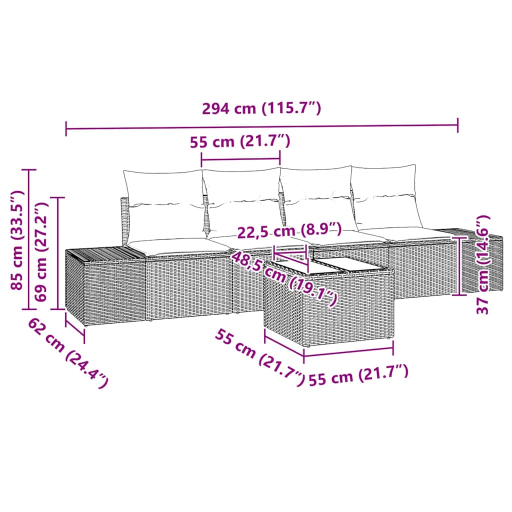 Garten-Sofa-Set mit Kissen 5 pcs Grau 55 x 55 x 37 cm